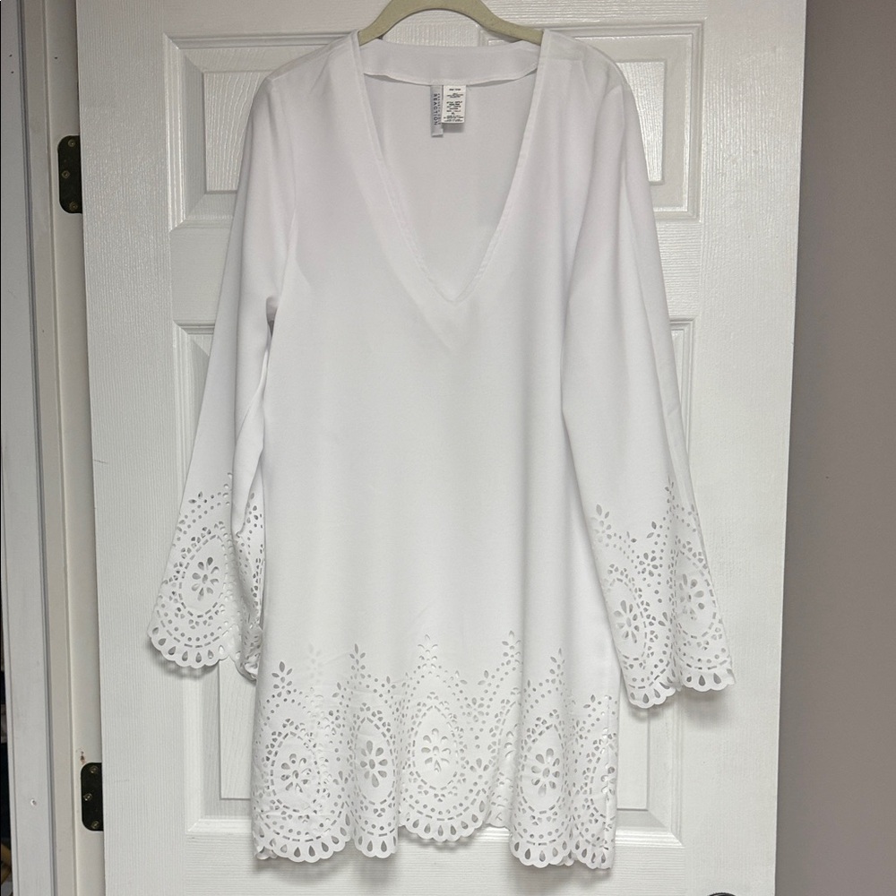 Kenneth Cole White V-Neck Eyelet-Trim Long Sleeve cover up swim dress